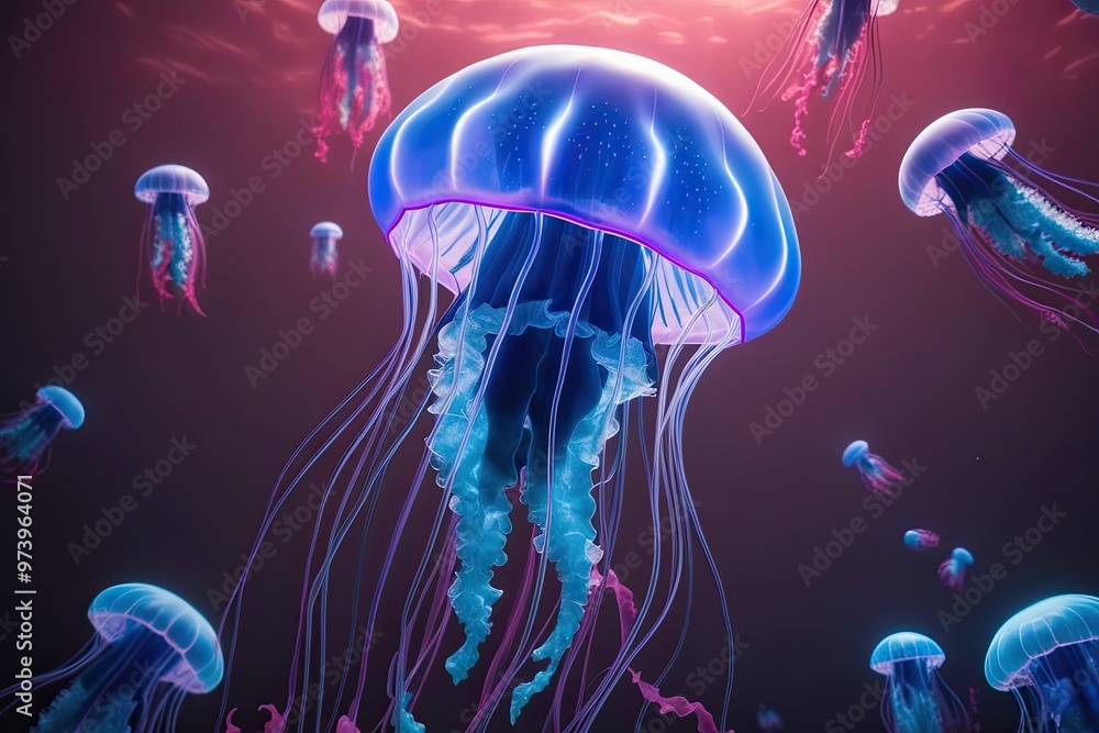 Aufkleber stunning 3d render of colorful bioluminescent jellyfish with pulsating transparent movements in wate