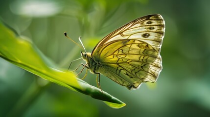 Golden Wings in Emerald Embrace: A delicate butterfly with translucent golden wings rests serenely on a vibrant green leaf, capturing the tranquility of nature's beauty. 