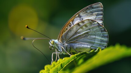 Obraz premium Silver-winged Butterfly on Green Leaf: A delicate silver butterfly with long antennae perches gracefully on a vibrant green leaf, capturing the essence of nature's beauty and tranquility. 