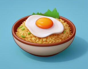 3D bowl of rice topped with a fried egg and garnished with greens, 3D illustration