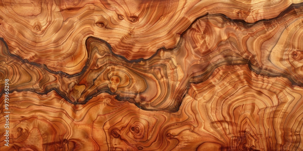 Poster captivating madrona root veneer displaying smooth grain patterns in a deep cinnamon tone.