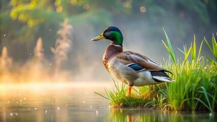 Fototapeta premium A solitary Mallard duck stands alert on a misty morning pond's grassy edge, its feathers glistening with dew,