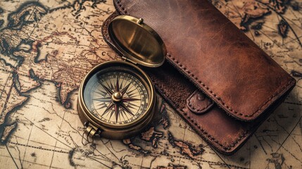 A vintage brass compass, placed on an antique world map, with a leather case.