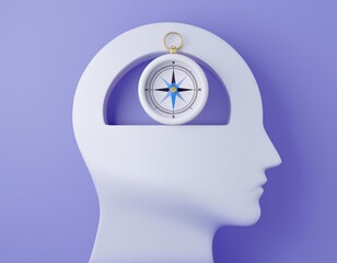 3D compass inside of a head symbolizing inner guidance, 3D illustration