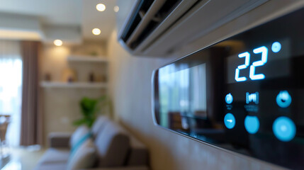 Close-up of a digital display panel on an air conditioner, showing the current temperature settings in a living room with a small family