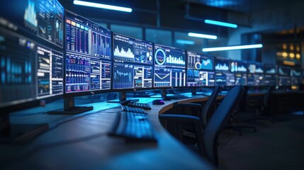 Data Center Control Room: A futuristic control room pulsates with the energy of data, showcasing a wall of screens displaying intricate graphs and charts, illuminating the path to success.