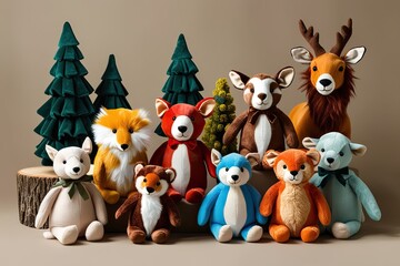 Naklejka premium Vibrant Stuffed Forest Animal Collection on Neutral Background