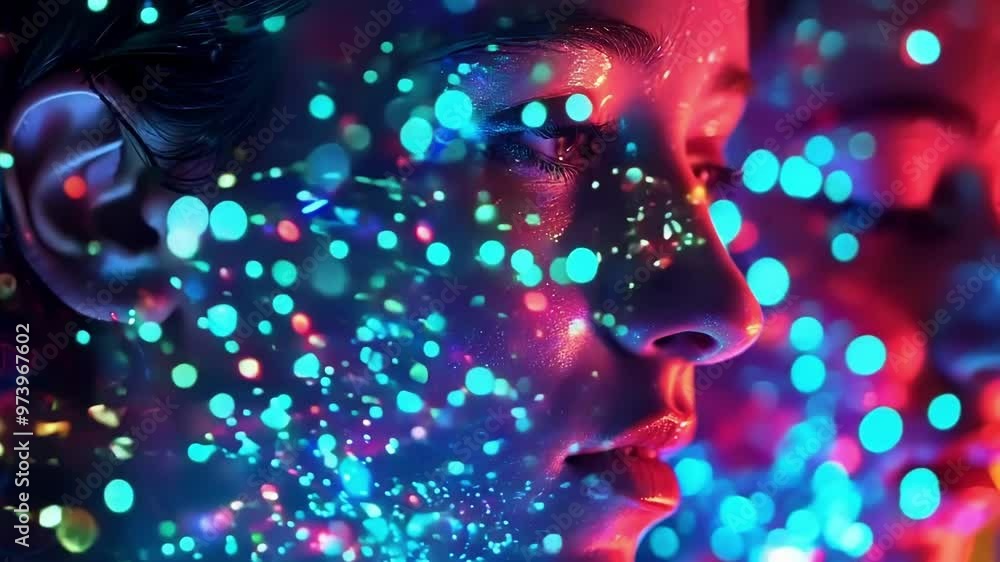 Poster three models are illuminated with colorful lights and a futuristic hologram light effect. the image 