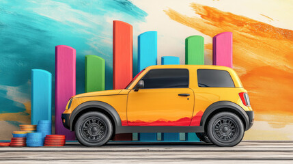 Colorful stock market trading bars alongside a yellow car on a vibrant backdrop, illustrating investment concepts in a modern context