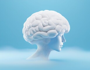 Obraz premium 3D white stylized brain with a human profile set against a light blue background, 3D illustration