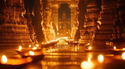 Obraz premium Ornate Spiritual Sanctuary with Glowing Candles in Ancient Asian Temple