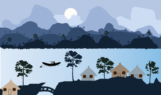 Vector wallpaper with a landscape, a mountain range, mountains silhouettes Vector forest hiking background
