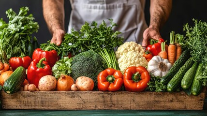 Earthy-toned banner featuring a harvest festival theme, fresh vegetables, and happy people, World Vegetarian Day, community vibes