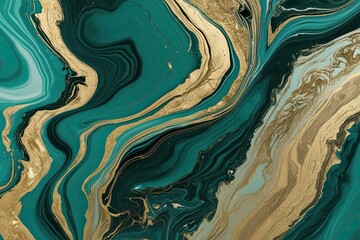 Teal and Gold Abstract Marble Background with Fluid Paint Patterns and Water Effects for Elegant Modern Decor
