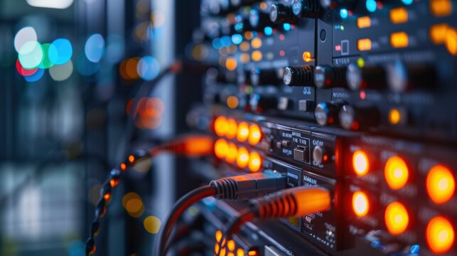 Network Nerve Center: A close-up on the intricate workings of a server room, illuminated by a vibrant array of lights, highlighting the crucial role of technology in the digital age. 