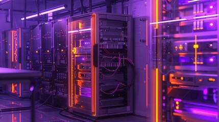 Neon Glow Server Room: A captivating image of a futuristic server room bathed in neon light, showcasing the intricate network of servers and cables. The vibrant colors and sleek design create a sense.