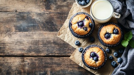 Above view with copyspace of freshly made blueberry muffins in a rustic environment with milk and coffee on the table