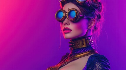 Obraz premium A stylish woman in steampunk attire with vibrant goggles and dramatic lighting, showcasing a blend of fantasy and elegance.