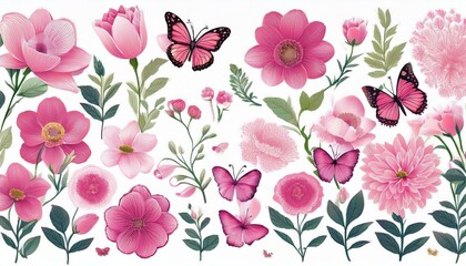 A variety of pink flowers and butterflies on a white background