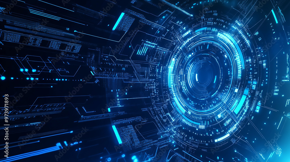 Poster abstract digital artwork of dynamic blue particles with glowing elements