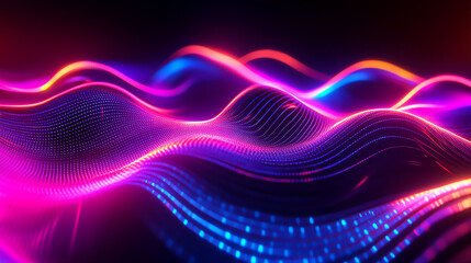 Naklejka premium Abstract Neon Waves - Digital Landscape Abstract, Blue and Purple Gradient Background with Wavy Dots and Soft Glow 