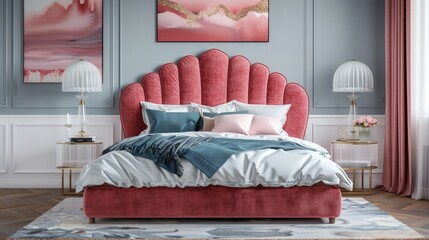 Luxurious contemporary bedroom featuring a pink velvet bed with an elegant headboard, set against a white wall with a large abstract painting, clear acrylic nightstands, and a rose gold floor lamp.