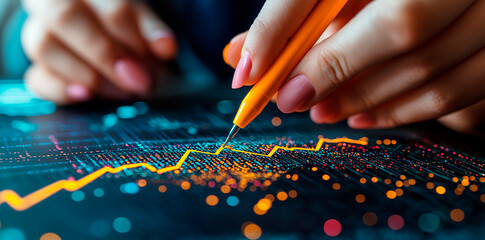 Hands drawing a glowing line graph on a digital screen, representing data analysis and financial trends.