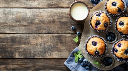 Above view with copyspace of freshly made blueberry muffins in a rustic environment with milk and...