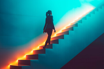 Woman ascending illuminated stairs in a modern, abstract setting.