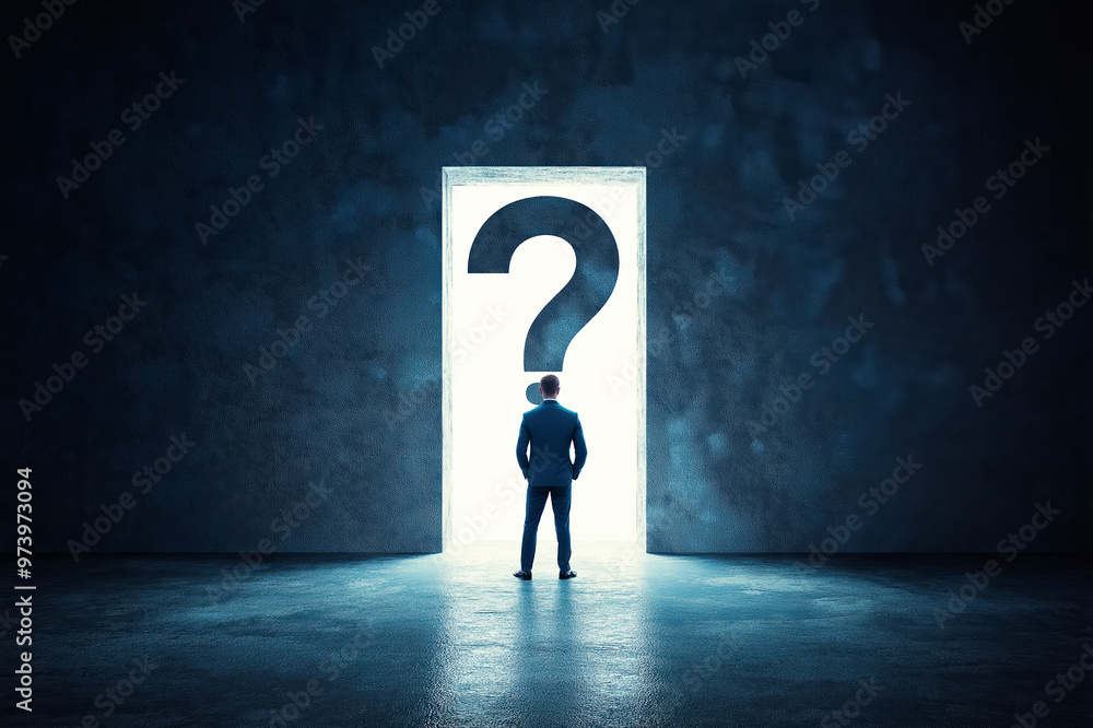 Poster mysterious silhouette of a man standing before a large glowing question mark in a dark room.