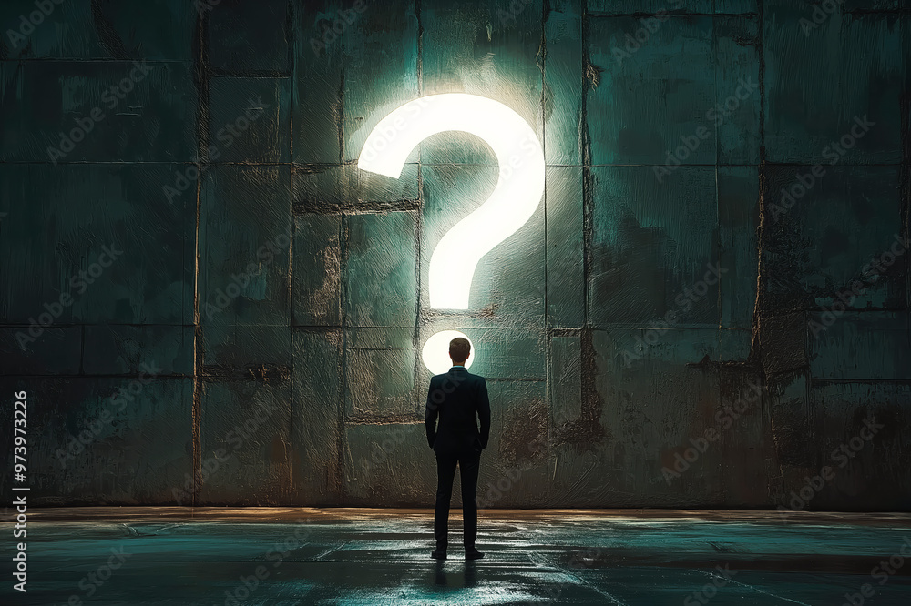 Poster silhouette of person facing illuminated question mark on textured wall background.