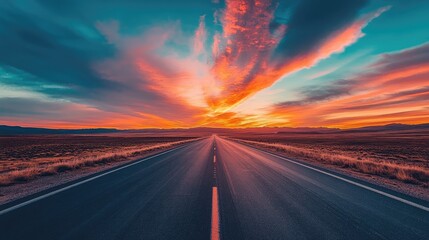 Dramatic sunset colors and cloudscape over an empty desert highway, perfect for a road trip or travel advertisement