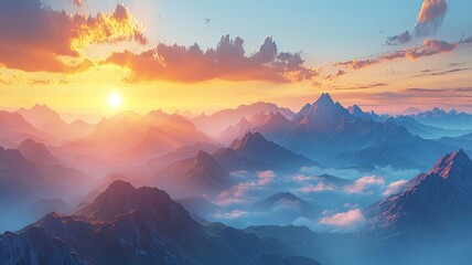 A breathtaking sunrise over majestic mountains, casting warm light through soft clouds, perfect for nature enthusiasts and adventurers.