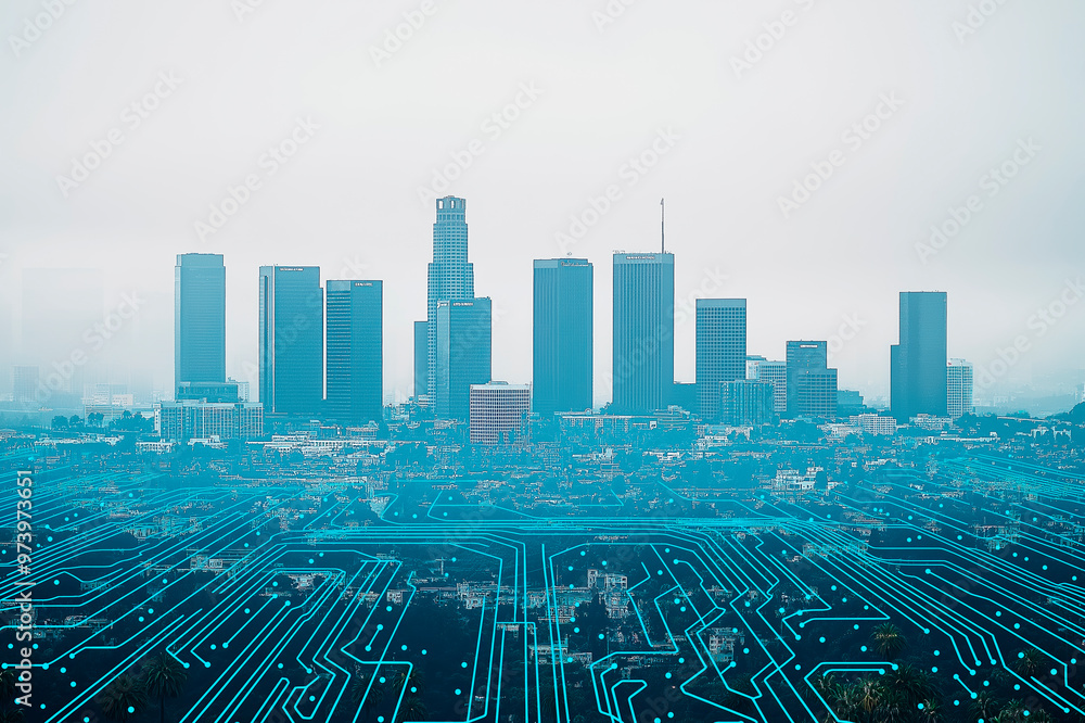 Aufkleber Modern cityscape with digital circuit overlay, concept of smart city infrastructure and technology integration. Ai generative.