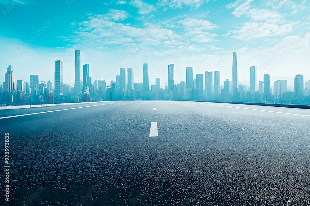 Aufkleber empty highway leading towards modern city skyline under a bright blue sky. ai generative.