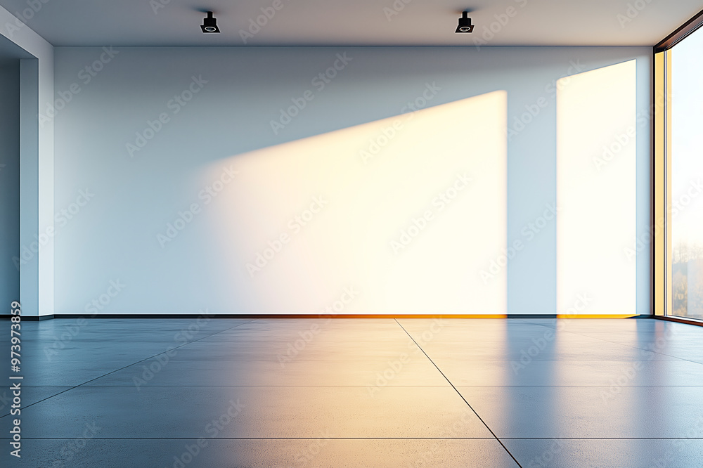 Poster Modern empty room with large windows and sunlight casting shadows on a tiled floor.