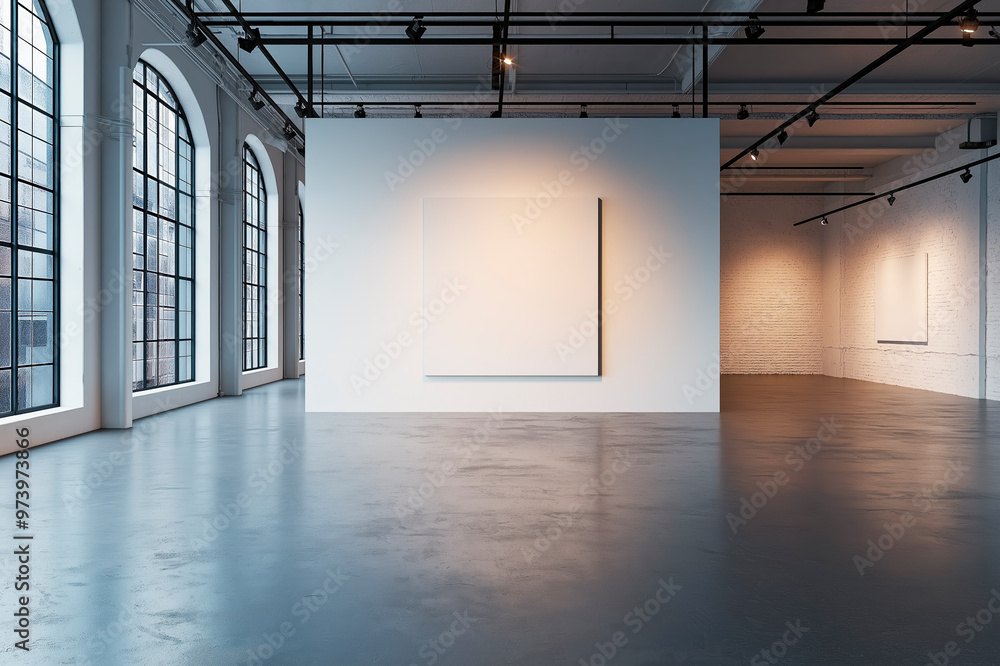Aufkleber modern minimalist art gallery with large windows and empty frames on walls.