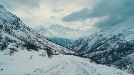 A breathtaking winter landscape showcasing snow-capped mountains and a winding pathway through the serene valley.