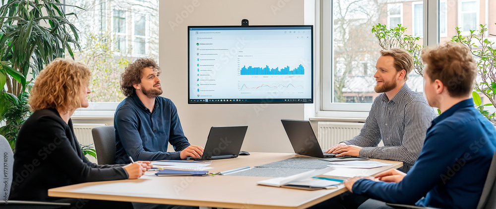 Aufkleber Group of professionals having a meeting in a modern office with a screen displaying data charts.
