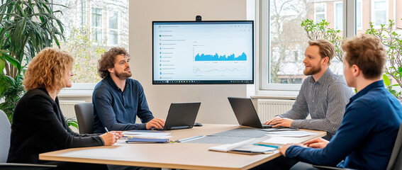 Group of professionals having a meeting in a modern office with a screen displaying data charts.