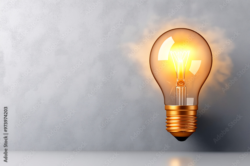 Poster glowing lightbulb on a textured gray background, symbolizing creativity and innovation.