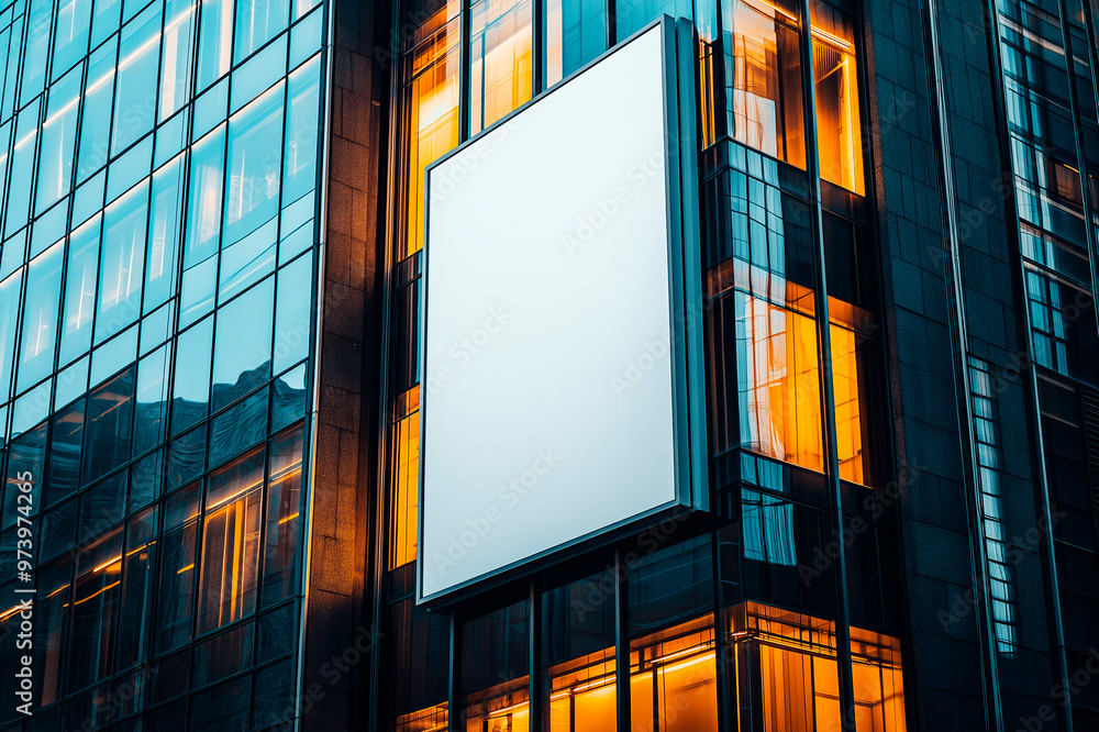 Aufkleber isolated blank billboard on a modern building facade with illuminated windows at night.