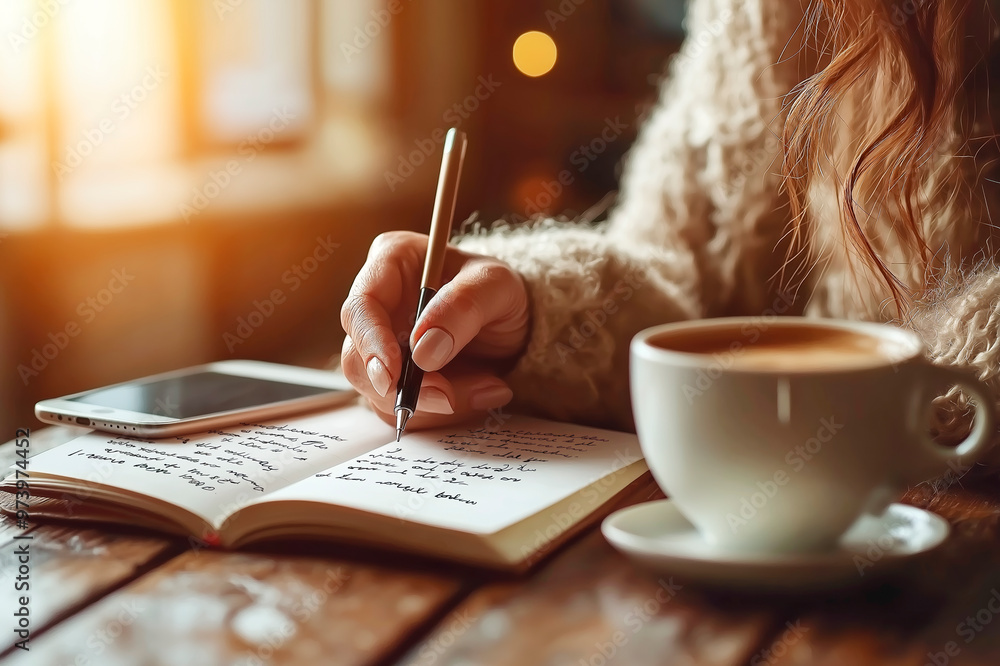 Poster close-up of a person writing in a notebook with a cup of coffee and smartphone on a wooden table. ai