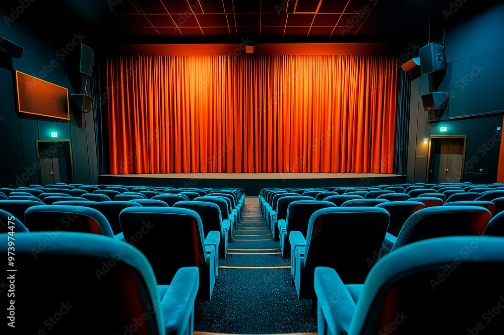 Poster empty theater with red curtains and blue seats, ready for a performance or movie screening. ai gener