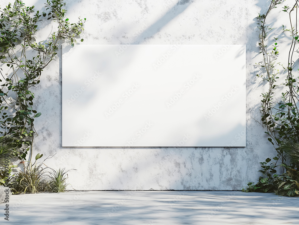 Wall mural blank white canvas on an outdoor wall surrounded by green plants.