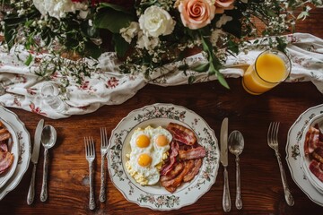 Fototapeta premium Classic Breakfast with Fried Eggs and Bacon