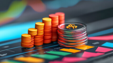 Analyzing stock market trends with trading bars and currency coins during a financial review