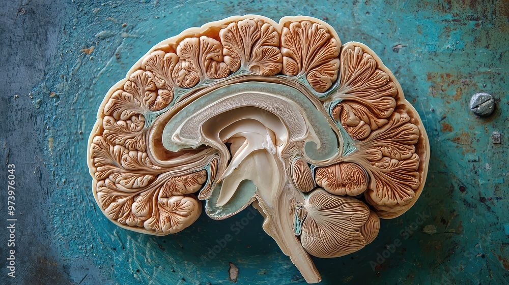 Poster a detailed anatomical model of a brain showcasing its unique textures and structures, perfect for ed