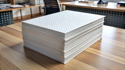 A stack of blank half-sheet flyers with perforated edges, ready for customization, sit on a clutter-free desk, waiting