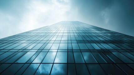 Fototapeta premium A dramatic view of a tall glass building reaching into the cloudy sky, reflecting the surrounding atmosphere in its windows.